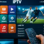 Match de football en 4K sur un tu00e9lu00e9viseur, tu00e9lu00e9commande en main